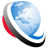 Pixelated globe icon with blue and white gradient, red and black curved bands on left side, white outline against gray background.