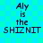 Pixelated text on a cyan and blue checkered background reads "Aly is the SHIZNIT" in four identical