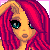 Pixelated character with red hair and blue eyes, surrounded by pink circular patterns and star symbols, with text fragments 'single', 'and', 'not', 'lookin' in red.