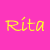 Yellow pixelated text 'Rita' on bright pink background with white flower symbol in bottom right corner.