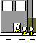 Animated contact sheet showing a yellow stick figure running through a gray building with white windows and brown doors, interacting with small white figures on the ground floor while red splatters appear in later frames.