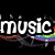 Pixelated text "music in my" above "soul" with three white hearts, all over a black background with rainbow and dark abstract patterns.
