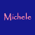 Pixelated text 'Michele' in pink-purple hues on a solid blue background, with two small pixel clusters positioned at top-right and bottom-left corners.