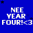 Blue background with white text reading 'NEE YEAR FOUR! <3' repeated in a , scattered black and blue stars, gray rectangle in bottom-right corner