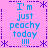 A static pixel art image with a pink background, blue text reading "I'm just peachy today !!!!", and purple decorative borders.
