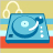 Pixelated blue turntable with white tonearm and central spindle, set against layered yellow, light blue, and red background stripes.