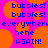 Pixelated text on a bright pink background with orange circular shapes, displaying repeated phrases in blue block letters.