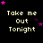 Pixelated text 'Take me Out Tonight' repeated across a black background with pink and purple stars, some stars animate in position.