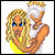 Pixelated image of a blonde woman in yellow top holding white bucket with brown liquid, next to purple heart containing blue text 'I Love stephen' on white background.