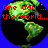 Pixelated globe with green landmasses and black oceans against a blue background, displaying red text in three