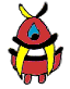 Two identical cartoon-style figures with red bodies, yellow hair, black accents, and blue teardrop shapes on their heads, positioned side-by-side against a gray background.