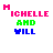 Pixelated text animation showing 'MICHELLE AND WILL' with shifting letter positions across frames, using pink, green, and blue colors on white background.
