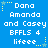 Blue background with white pixelated text reading "Dana Amanda and Casey BFMLS 4 lifeee" repeated in three , each bordered by yellow and light blue stars and dotted lines