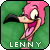 Pixelated pink bird with black beak and white eyes on green background, labeled 'LENNY' in white text.