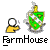 Animated sequence showing a yellow hand icon interacting with white balls and green shield icons, each labeled 'FarmHouse' below.