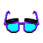 Animated contact sheet of six frames showing a pair of blue-lensed sunglasses with purple frames in various positions against a gray background.