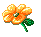 Pixelated orange flower with green stem and leaves in various open states on gray background.