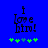 Blue background with pixelated text 'i love him!' and five green plus signs below, two of which change color between frames.