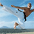 Pixelated static image of a person performing a high kick on a beach with blue sky background, rendered in low-resolution 256x256 pixels.