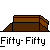 Pixelated animation of a blue-shirted character with white hair moving across brown platforms against gray background, repeating 'Fifty-Fifty' text below.