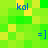 Pixelated green and yellow with blue text 'kal' and '=]' symbols scattered across it