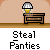 Animated contact sheet of a pixel art character stealing pants from a desk, with repeated text and sequential motion frames showing the action progression.