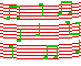 Green musical notes on red staff lines animate across a gray background in multiple of repeating patterns