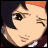 Pixelated anime-style character face with dark hair and orange highlights, winking, next to stylized text on black background.