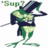 Two identical pixelated frog-like figures in green and dark blue, each holding a long thin object horizontally with both hands.