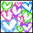 A 48x48 pixel animated contact sheet showing three sequential frames of a heart-themed buddy icon with colorful outlined hearts on white backgrounds, arranged in a 2x2 grid with one empty gray cell.