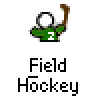 A 3x3 contact sheet of nine animated frames showing a green cartoon field hockey player with white head and brown stick performing motion sequences against gray background.