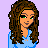 Pixelated character with long brown hair and green eyes wearing a light blue top against a lavender background, next to stylized text reading DoNeEr FaR eVeR X o O x.