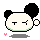 Pixel art panda head with black ears, closed eyes, and a small pink heart below it on gray background.