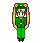 Pixel art character in green uniform with yellow hair, shown across displaying varied poses and expressions against gray background