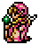 Pixel art character with pink hair and yellow-brown outfit, holding green gem on left shoulder, standing against gray background.