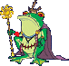Pixelated green frog wearing crown and purple cape, holding golden staff with yellow flower-like top.