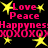 Black background with yellow stars and pink text reading Love Peace, HappynesHappynes, XOXOXOXOXOXO repeated in two