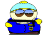 Cartoon character in blue uniform with yellow gloves and badge, light blue cap, brown sunglasses, holding black rifle against gray background.