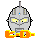 Pixelated robot head with yellow eyes and blue sensor, standing on orange-yellow base; left side shows darker orange flames, right side brighter yellow-orange flames.