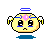 Four pixel-art character expressions with blue halo, yellow wings, and gem on forehead; two show pink gems, two show light-blue gems.