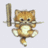 Pixelated orange cat with white belly and tail tip, holding a sword horizontally across its chest against light gray background.