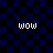 Four identical pixelated 'wow' text elements arranged in a on a blue and black checkered background