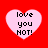 Four pink heart-shaped icons with black text 'love you NOT!' on a solid red background, arranged in a