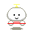 Pixelated character with white rounded body, yellow antenna, black square eyes, and smiling mouth holding red horizontal bar or bow tie.