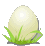Animated sequence showing a white egg cracking and hatching into a yellow chick with large black eyes, set against green grass on gray background.