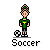 Pixel art of a person in green jersey with yellow emblem, black shorts, white shoes, and checkered cap standing next to soccer ball on gray background with 'Soccer' text below.