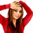 A static image shows a person in a red long-sleeve top with hands raised to head against white background, next to orange background with text.