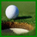 Pixelated golf scene with ball on green and bunker, adjacent text reads 'I Love Golfing!' in green block letters.
