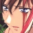 Pixelated anime-style character face with brown hair and blue eyes, side profile against black background with white text.