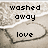 Pixelated text reads 'washed away' above a speech bubble containing 'love' on a textured beige background.